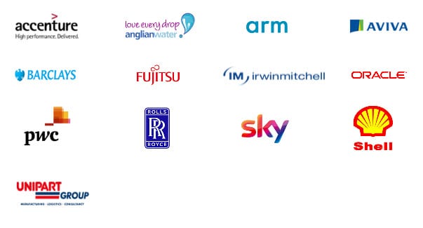 Logos of the BITC Digital champions. Anglian Water, arm, Accenture, Barclays, Aviva, Fujitsu, Oracle, PWC,