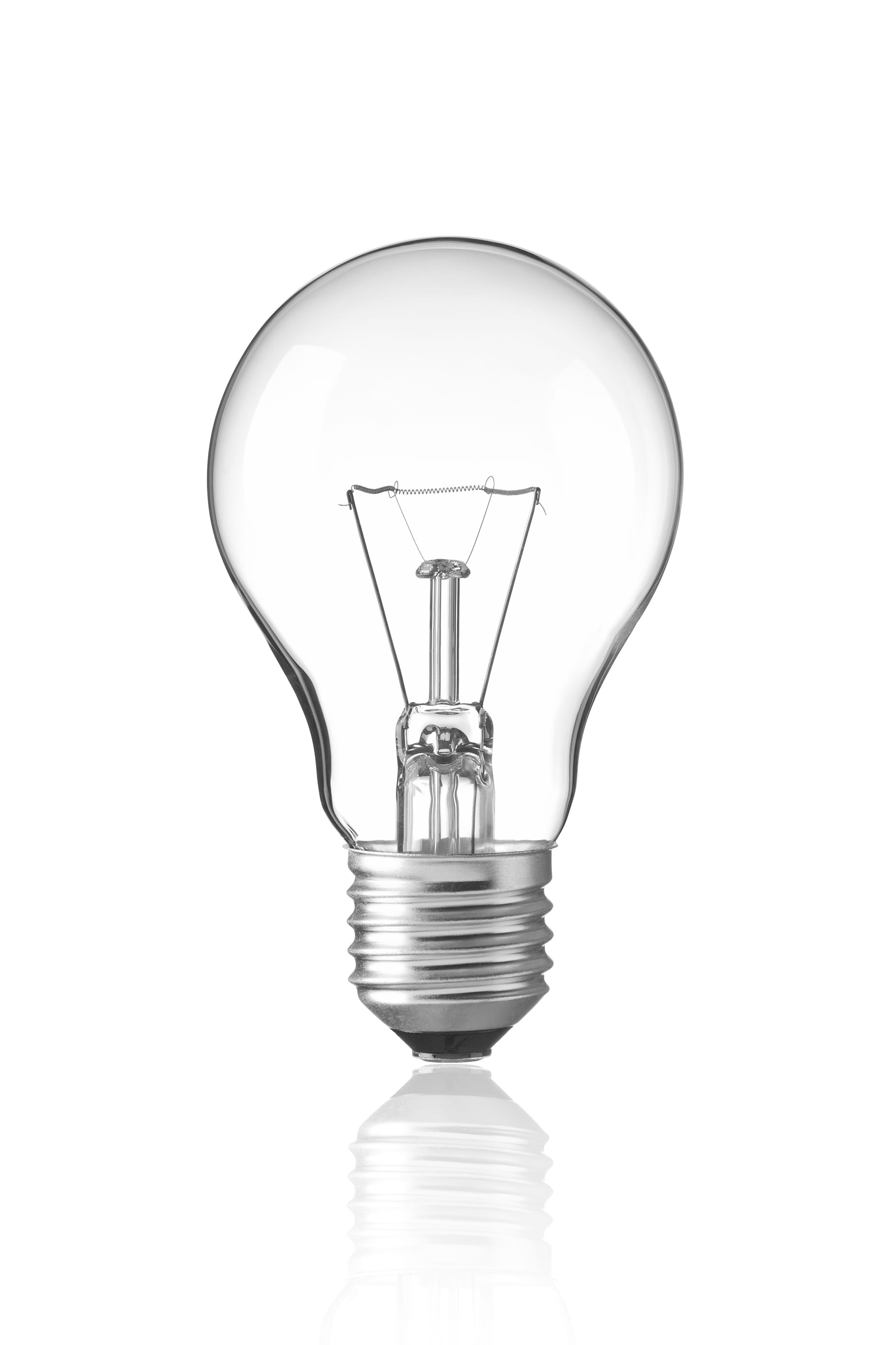 A single clear lightbulb on a white background