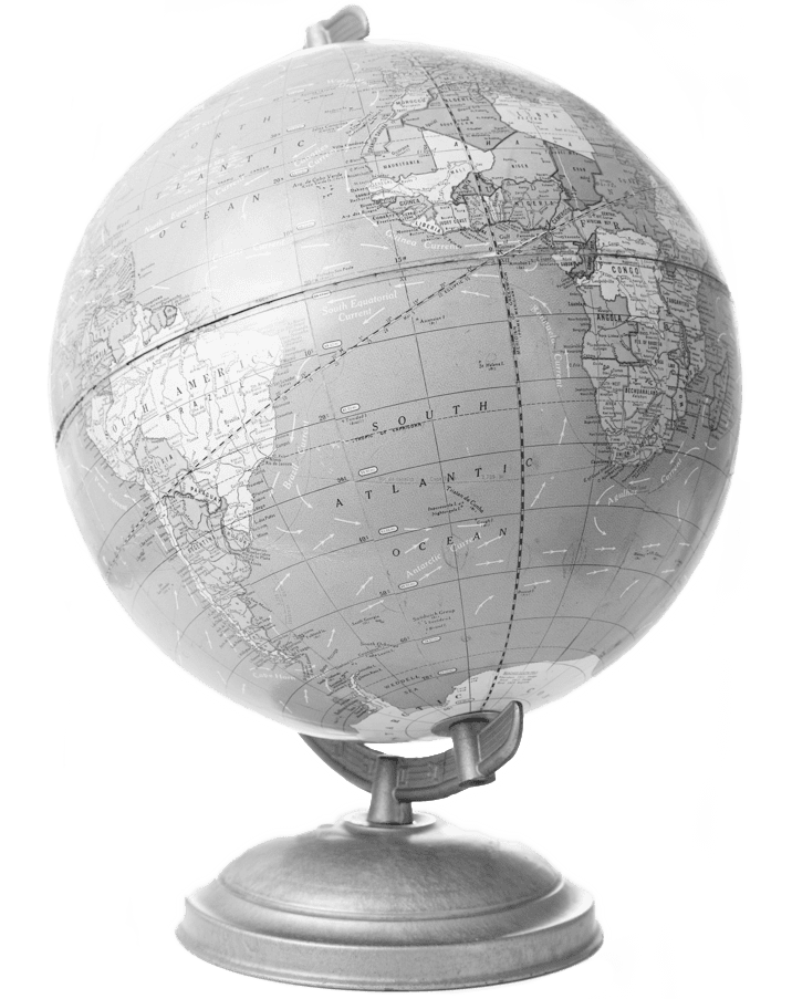 A black and white image of a globe