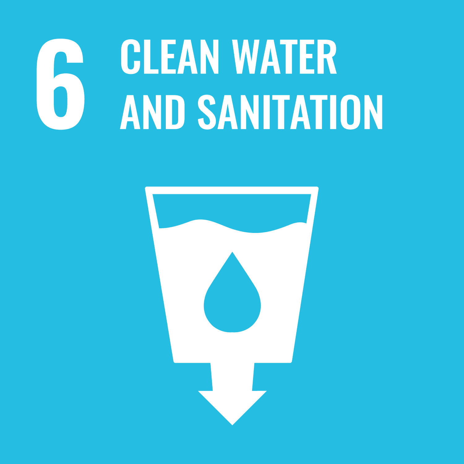 Graphic image of a glass with large drop in the middle with text saying '6 clean water and sanitation' reflecting Sustainable Development Goal (SDG) or Global Goal 6