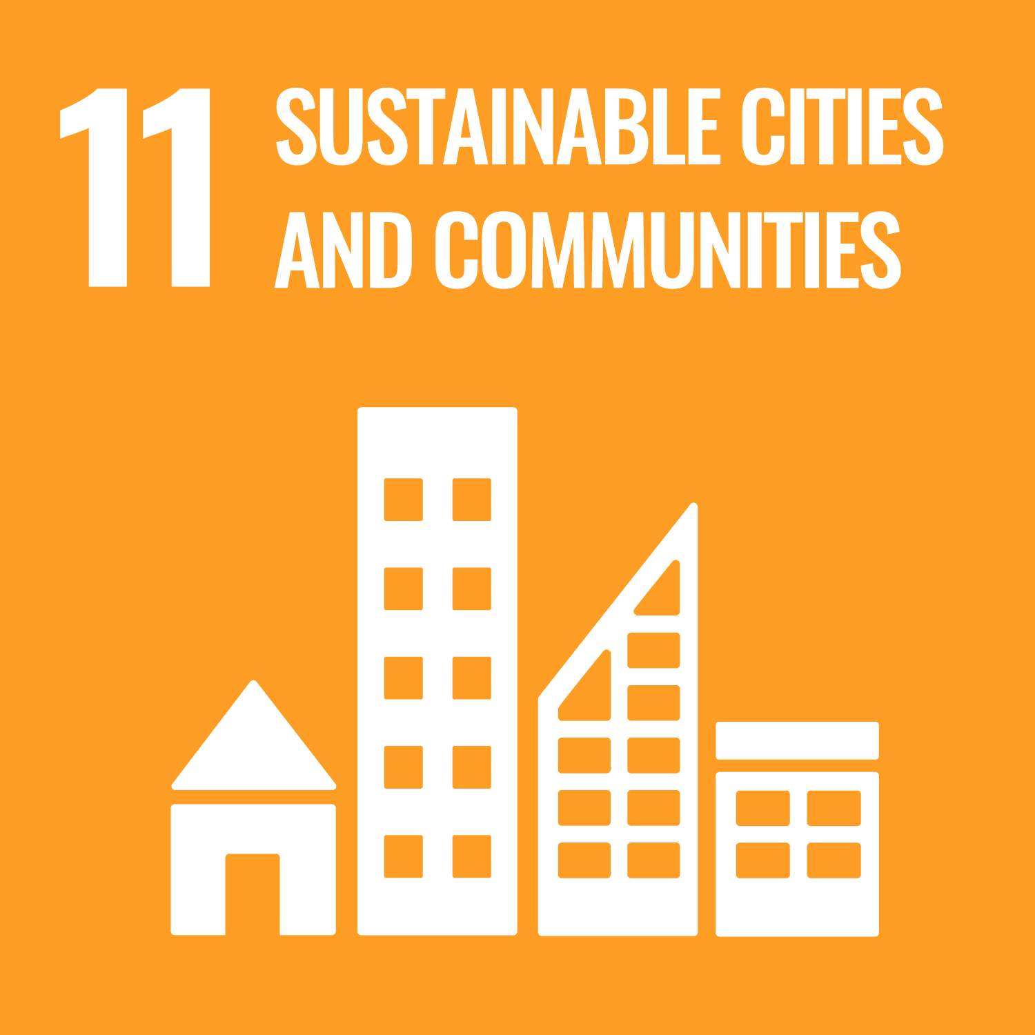 Graphic image of four different sized buildings with text saying '11 sustainable cities and communities' reflecting Sustainable Development Goal (SDG) or Global Goal 11