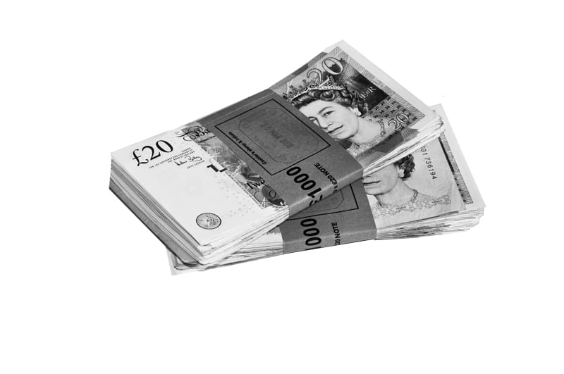 Two, 1000 pound bundles of twenty pound notes