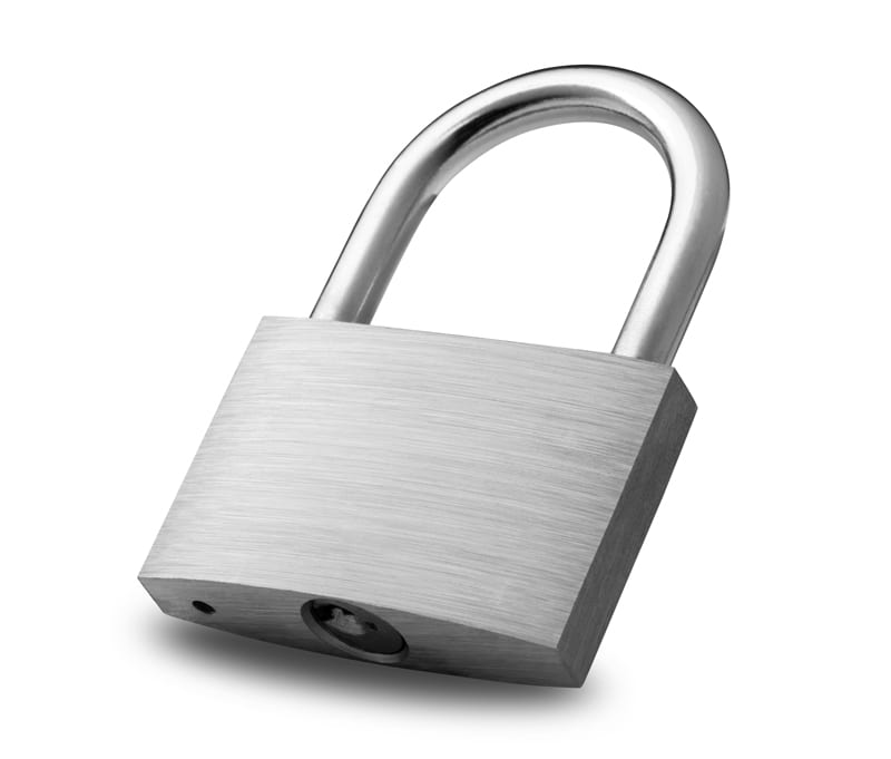 A metallic locked padlock
