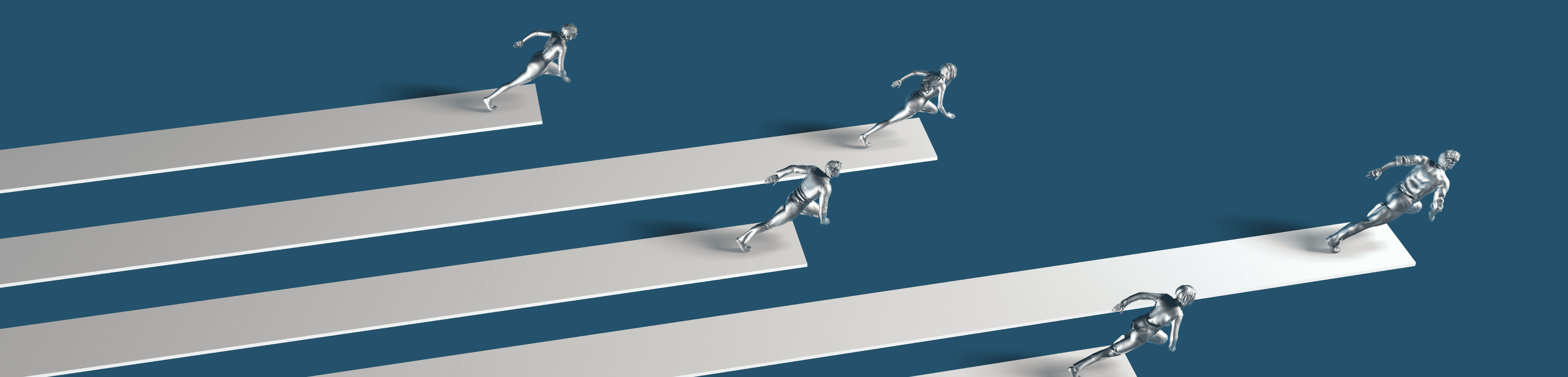 Blue background with models of sprinters running to the finish line