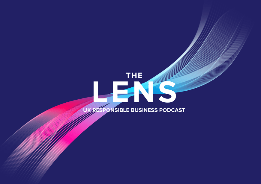 A navy blue background with The LENS UK RESPONSIBLE BUSINESS PODCAST in white bold capitals surrounded by multicolour sound wave curves