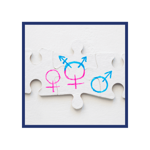 A dark blue square with gender icons in pink and blue felt tip pen on white jigsaw pieces across the middle depicting the route to a more Equal Parental leave for a more gender balanced gender balanced workforce.
