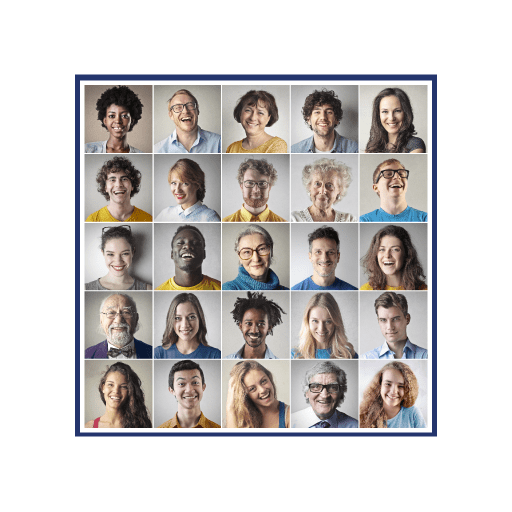 A square image framed in dark blue with twenty five diverse people of different ethnicities.