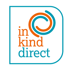 Square logo for In-Kind-Direct. Amber and egg-shell green text on a white background