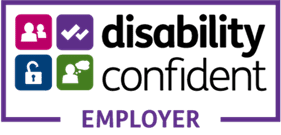 A rectangle logo with disability confident in black text and four square icons relating to disabilities on the left of the text.