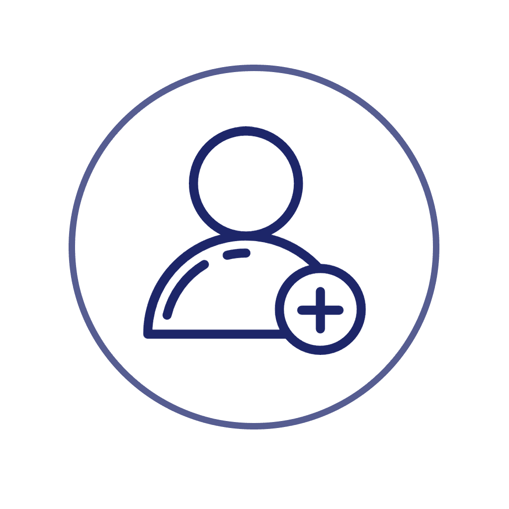 A dark blue circle with a single person icon in the centre with a plus sign on the right