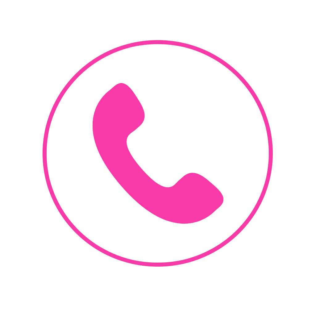A magenta pink circle on a white background with a magenta pink antique telephone in the centre