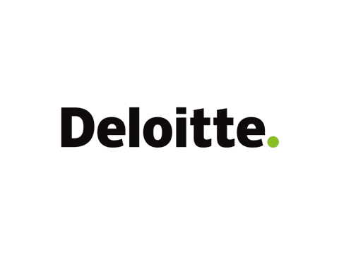 Logo for Deloitte. Black writing on a white background with a lime green full stop after the name.
