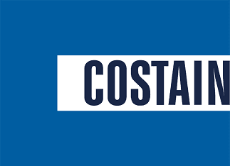 The word Costain in black text on a white background in a blue solid square
