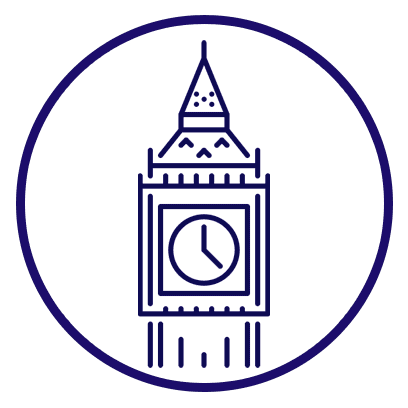 Outline of Big Ben in a round dark blue circle depicting England.