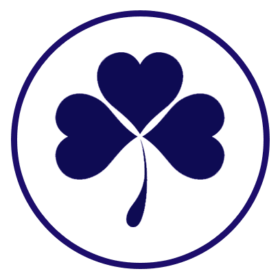 Outline of a Irish clover in a dark blue circle depiciting Ireland