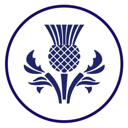 A scottish thistle in a dark blue circle depicting Scotland