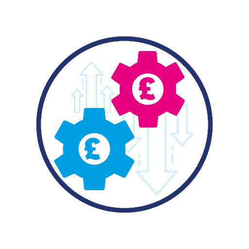 Two cogs with up and down arrows representing the cost of living crisis