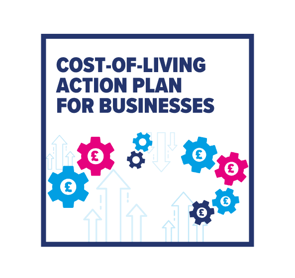 Cost of living in bold dark blue letters with a series of light and dark blue and magenta cogs below.