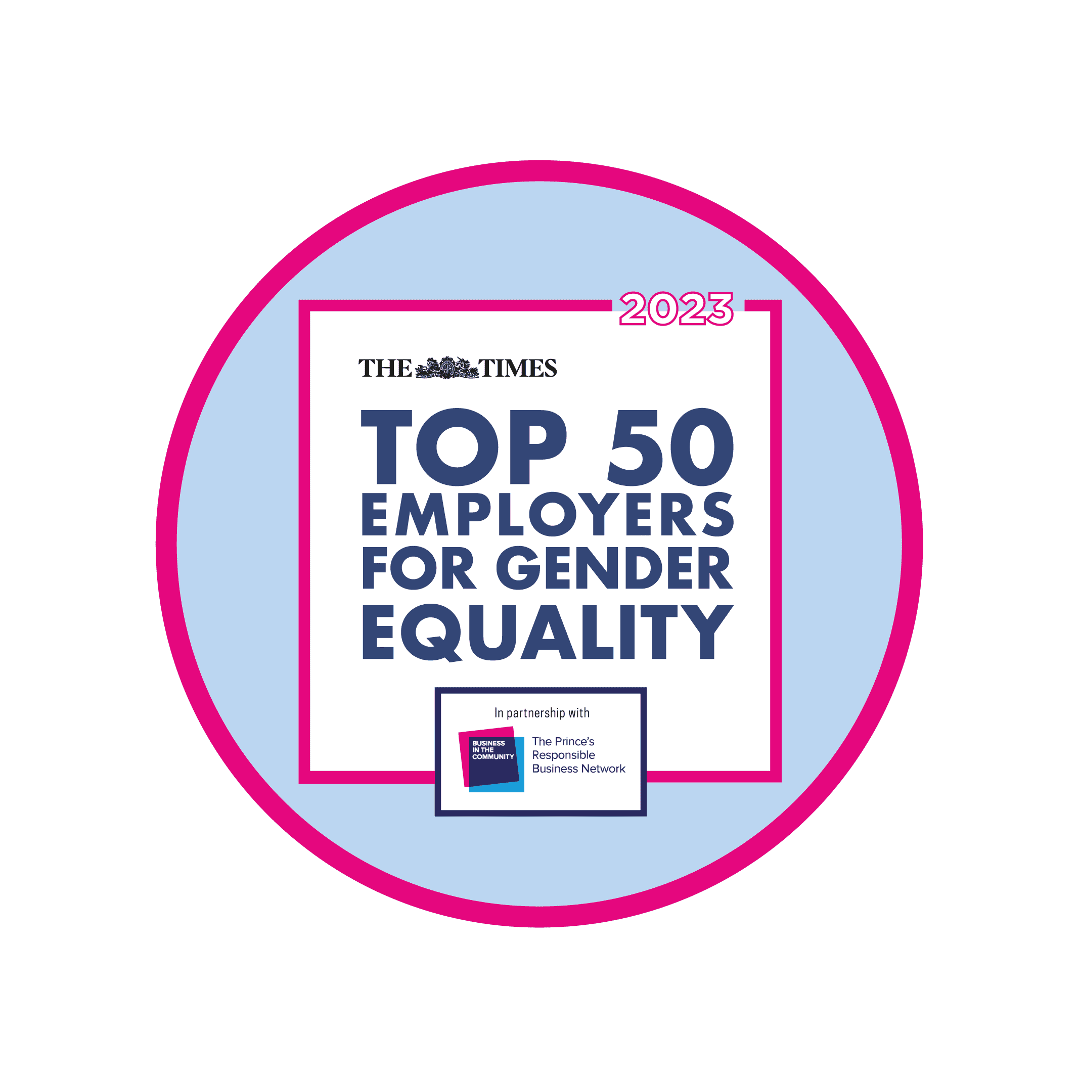 The Times Top 50 Employers for Gender Equality logo on a pale blue background. The class of '23 