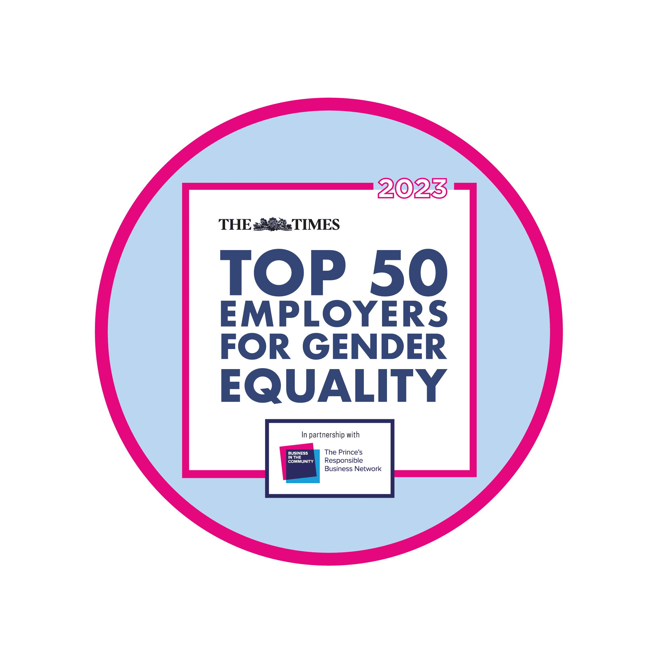 The Times Top 50 Employers for Gender Equality logo on a pale blue background. The class of '23