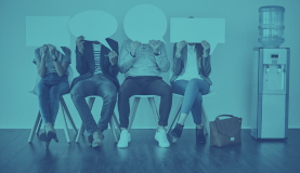 An image of people sitting down with large speech marks covering their heads