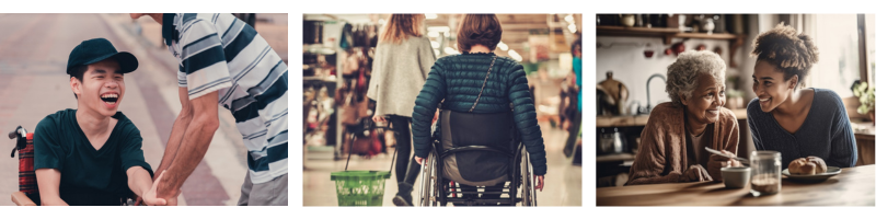 A montage of images depicting caring situations.  A young man in a wheelchair, two women enjoying a cup lunch and a young physically challenged boy on a sports track. 