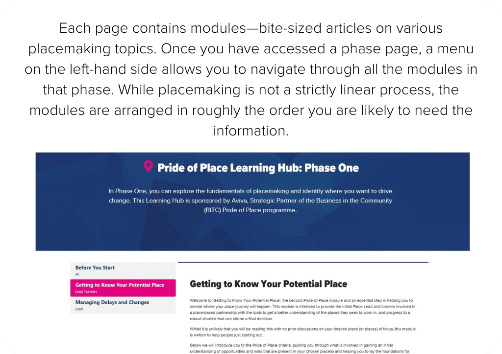 Each page contains modules—bite-sized articles on various placemaking topics. Once you've accessed a phase page, a menu on the left-hand side allows you to navigate through all the modules in that phase. While placemaking is not a strictly linear process, the modules are arranged in roughly the order you’re likely to need the information.