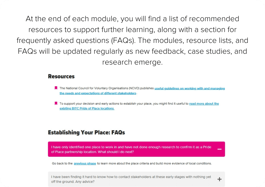 At the end of each module, you’ll find a list of recommended resources to support further learning, along with a section for frequently asked questions. The modules, resource lists, and FAQs will be updated regularly as new feedback, case studies, and research emerge.