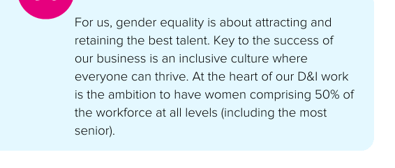 For us, gender equality is about attracting and retaining the best talent. Key to the success of our business is an inclusive culture where everyone can thrive. At the heart of our D&I work is the ambition to have women comprising 50% of the workforce at all levels (including the most senior). - A&O Shearman