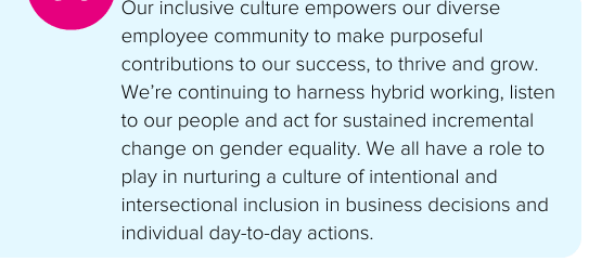 Our inclusive culture empowers our diverse employee community to make purposeful contributions to our success, to thrive and grow. We’re continuing to harness hybrid working, listen to our people and act for sustained incremental change on gender equality. We all have a role to play in nurturing a culture of intentional and intersectional inclusion in business decisions and individual day-to-day actions. - Capgemini