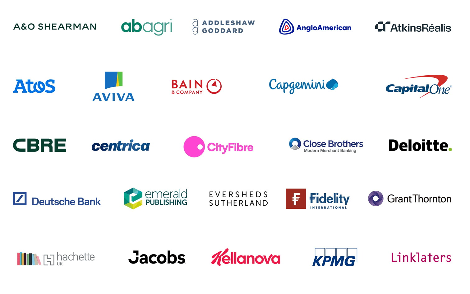 Logos of Times Top 50 Employers for Gender Equality Listmakers, including: A&O Shearman, AB Agri, Addleshaw Goddard LLP, Anglo American, AtkinsRéalis, Atos Group, Aviva, Bain & Company, Capgemini, Capital One UK, CBRE, Centrica, CityFibre, Close Brothers Group Plc, Deloitte, Deutsche Bank, Emerald Publishing Limited, Eversheds Sutherland, Fidelity International, Grant Thornton UK LLP, Hachette UK, Jacobs, Kellanova, KPMG, & Linklaters