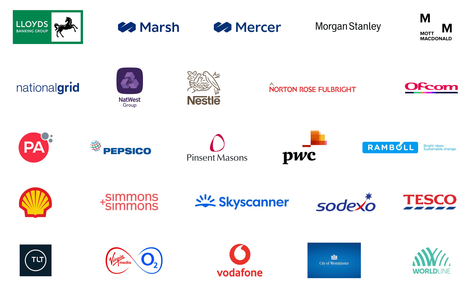 Lloyds Banking Group, Marsh Limited, Mercer, Morgan Stanley, Mott Macdonald, National Grid, Natwest, Nestlé UK&I, Norton Rose Fulbright, Ofcom, PA Consulting, PepsiCo, Pinsent Masons LLP, PwC, Ramboll, Shell UK, Simmons and Simmons LLP, Skyscanner, Sodexo, Tesco Stores Ltd, TLT LLP, Virgin Media O2, Vodafone UK, Westminster City Council, & Worldline IT Services UK Limited