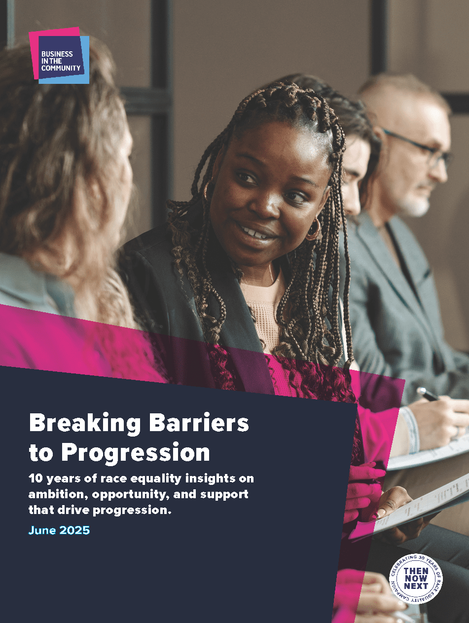 Front cover of the Breaking Barriers to Progression report, featuring a woman smiling speaking to someone else on business attire