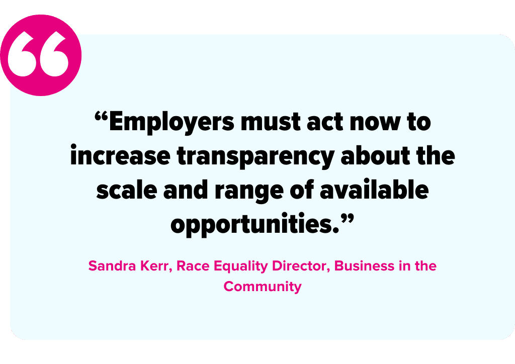 “Employers must act now to increase transparency about the scale and range of available opportunities.” -Sandra Kerr, Race Equality Director, Business in the Community