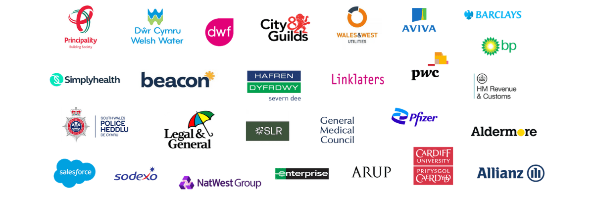 BITC Cymru member organisation logos, including: Principality Building Society, Welsh Water, DWF, City & Guilds, Wales & West Utilities, Aviva, Barclays, Simplyhealth, Beacon, Hafren Dyfrdwy, Linklaters, pwc, bp, HMRC, South Wales Police, Legal & General, DLR, General Medical Council, Pfizer, Aldermore, Salesforce, Sodexo, NatWest Group, Enterprise, ARUP, Cardiff University and Allianz.