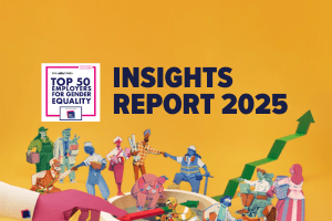 A yellow background with illustrations of figures in different outfits and the text 'Insights Report 2025'