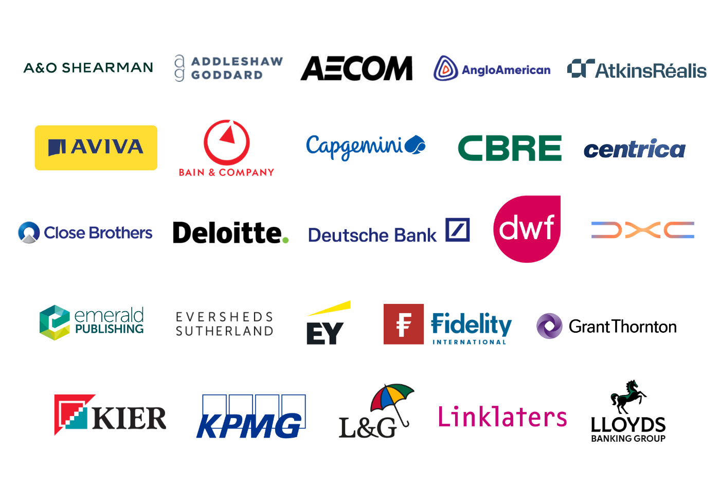 A-L listmaker logos: A&O Shearman, Addleshaw Goddard LLP, AECOM, Anglo American, AtkinsRéalis, Aviva plc, Bain and Company, Capgemini, CBRE, Centrica, Close Brothers Group, Deloitte LLP, Deutsche Bank, DWF, DXC, Emerald Publishing, Eversheds Sutherland, EY, Fidelity International, Grant Thornton UK, Kier Ltd, KPMG LLP, Legal & General, Linklaters LLP, and Lloyds Banking Group
