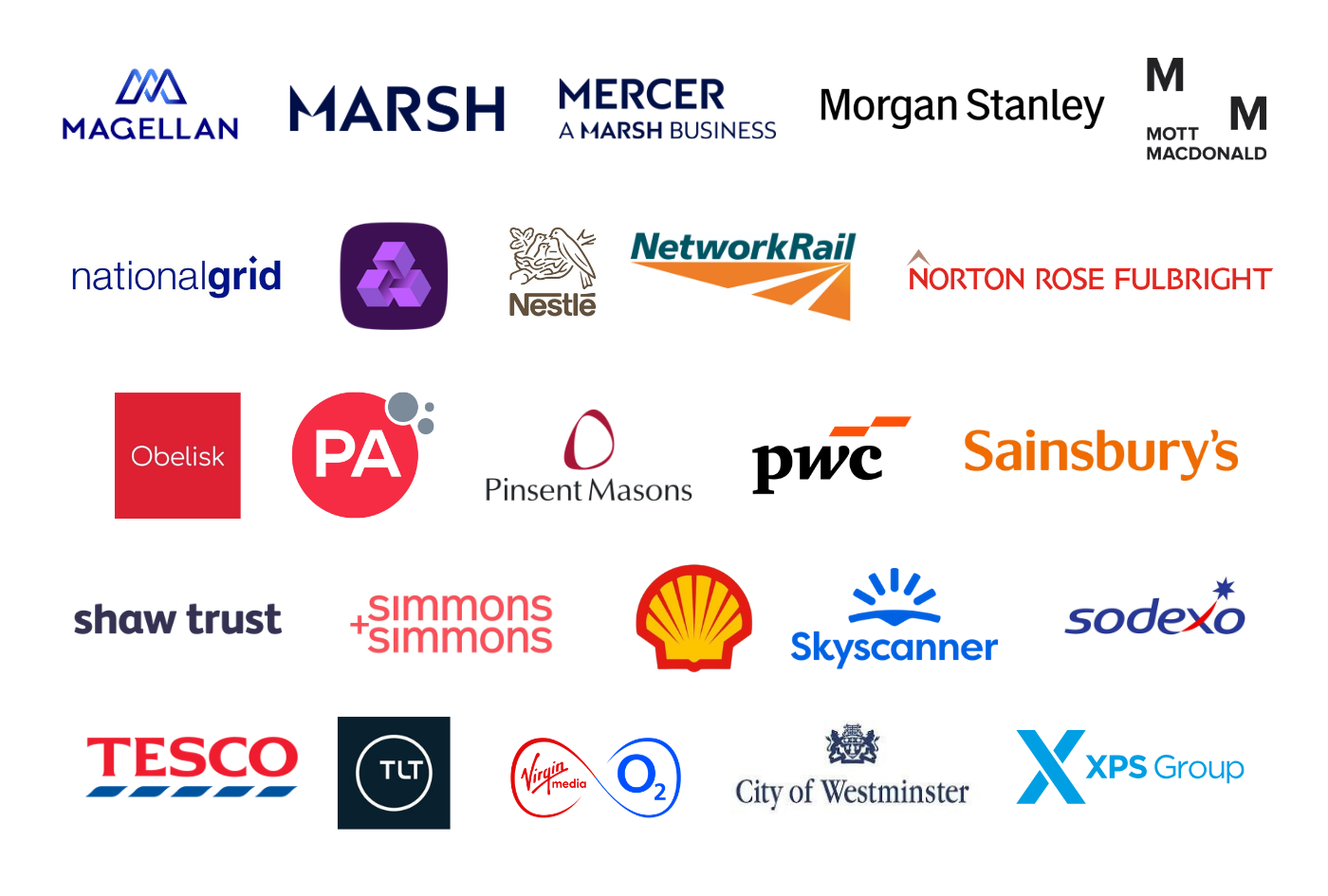 M-Z listmaker logos: Magellan, Marsh Risk, Mercer, Morgan Stanley, Mott MacDonald, National Grid, Natwest Group, Nestlé UK&I, Network Rail, Norton Rose Fulbright LLP, Obelisk Support, PA Consulting, Pinsent Masons LLP, PwC UK LLP, Sainsbury's PLC, Shaw Trust, Shell UK, Simmons and Simmons LLP, Skyscanner, Sodexo UK & Ireland, Tesco Stores Ltd, TLT LLP, Virgin Media O2, Westminster City Council, and XPS Group.